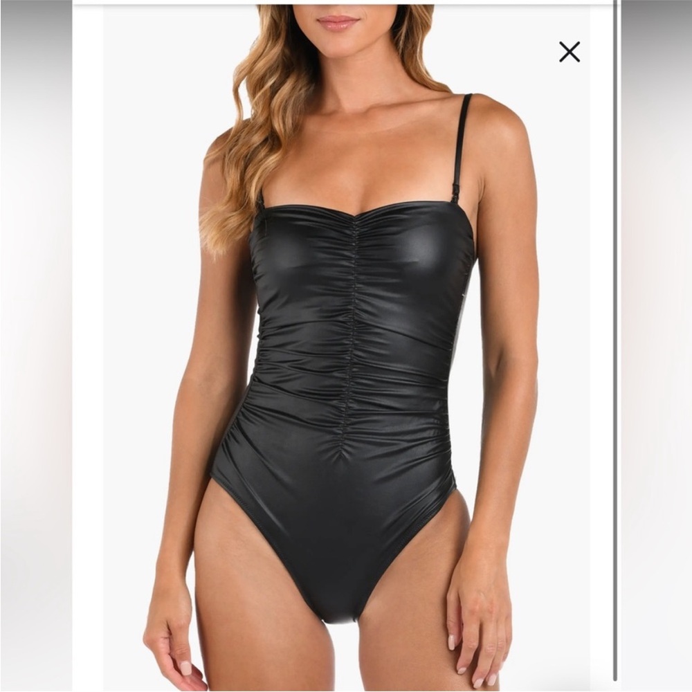 L'AGENCE Luxe Leather Aubrey Ruched Black One-Piece Swimsuit